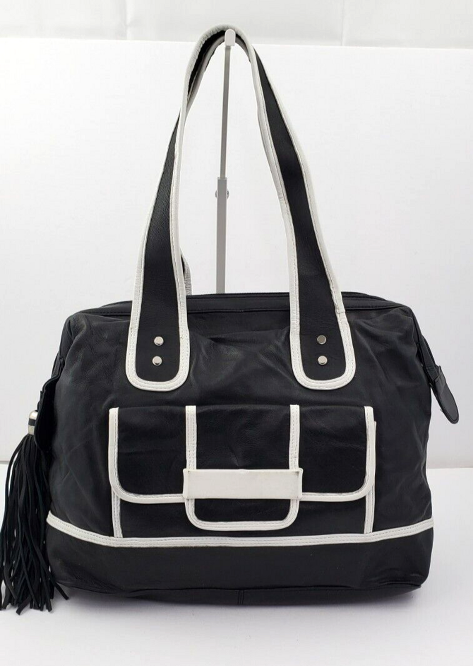 ALFANI Black/White Soft Leather Tassel Structured Tote/Satchel Floor Sample/Used